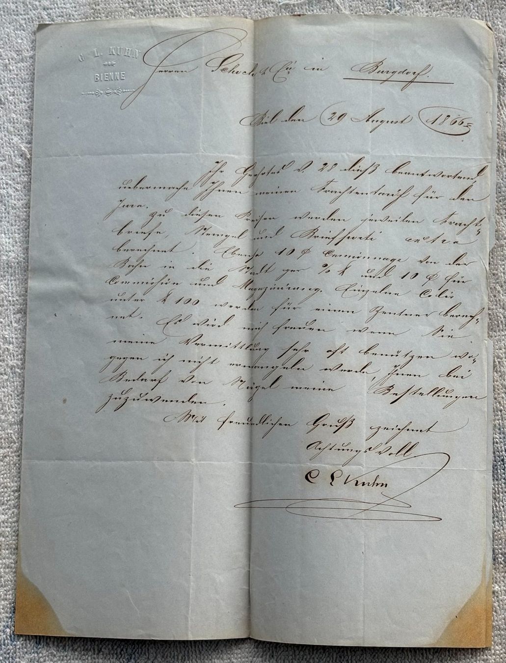 Documenti: ANTIKES DOKUMENT 1866 KUHN BIENNE – Usato da Ostermundigen venduto da crazy-horse-1840