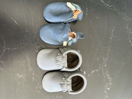 Two Pairs Baby Leather Moccasins Blue Size 4 and 18/19