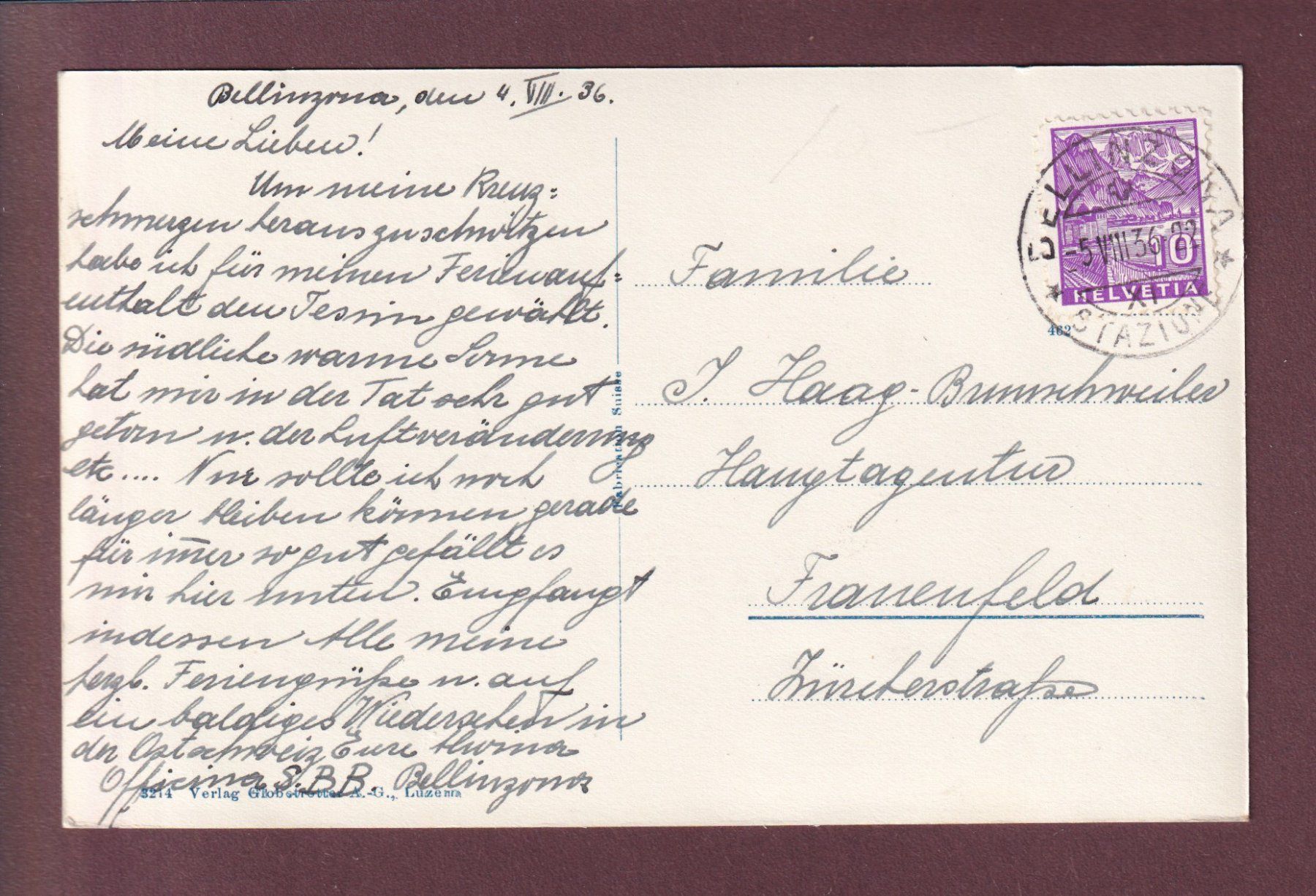 Cartoline postali: BELLINZONA - Stazione - 1936 – Usato da Pully venduto da nicecards 1