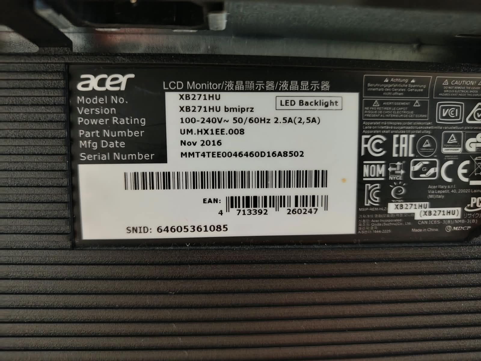 Acer Monitor: Monitor Acer Predator XB271HU – Usato da Zürich venduto da cla_hz6t 6