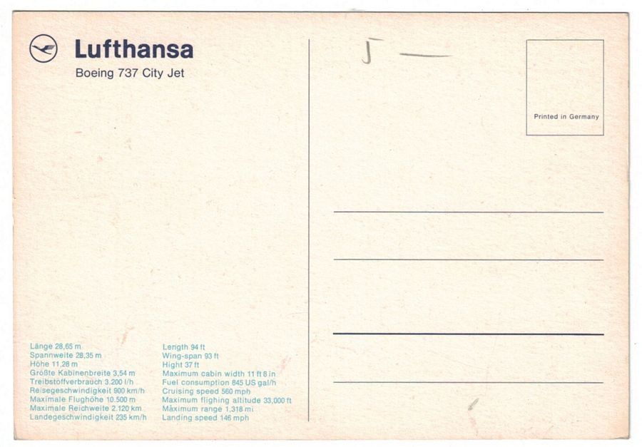 Cartoline postali: Boeing 737 City Jet Lufthansa – Usato da Frauenfeld venduto da POML 1