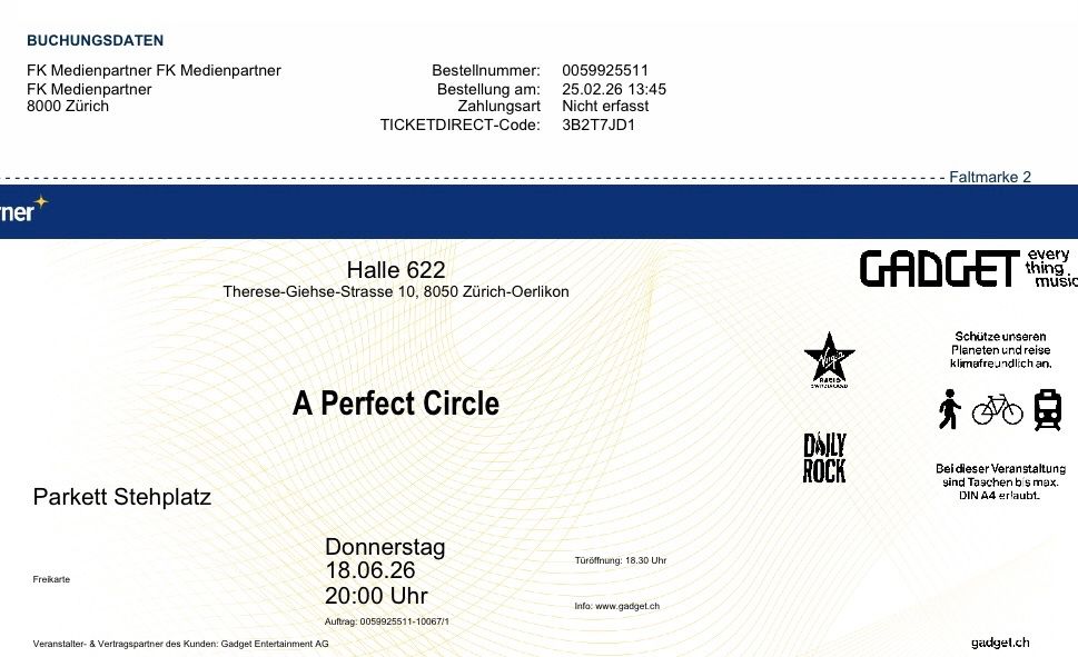 Biglietti: A Perfect Circle Tickets – Nuovo e nell'imballaggio originale da Aettenschwil venduto da Trombone3