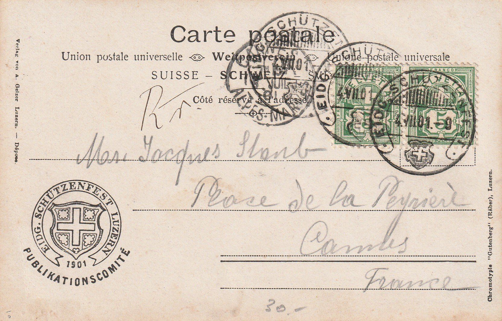 Cartoline postali: Eidg. Schützenfest Luzern 1901 – Usato da Crémines venduto da clifden92 1