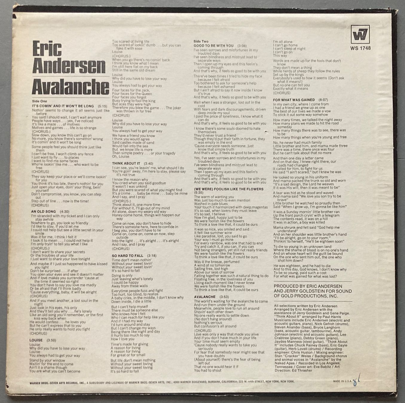 Schallplatten: ERIC ANDERSEN - AVALANCHE – Gebraucht aus Poliez-Pittet von Newtown-Records 1