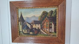 Oelbild  im schönenHolzrahmen  , Dorf im Tessin , W Gerber ?
