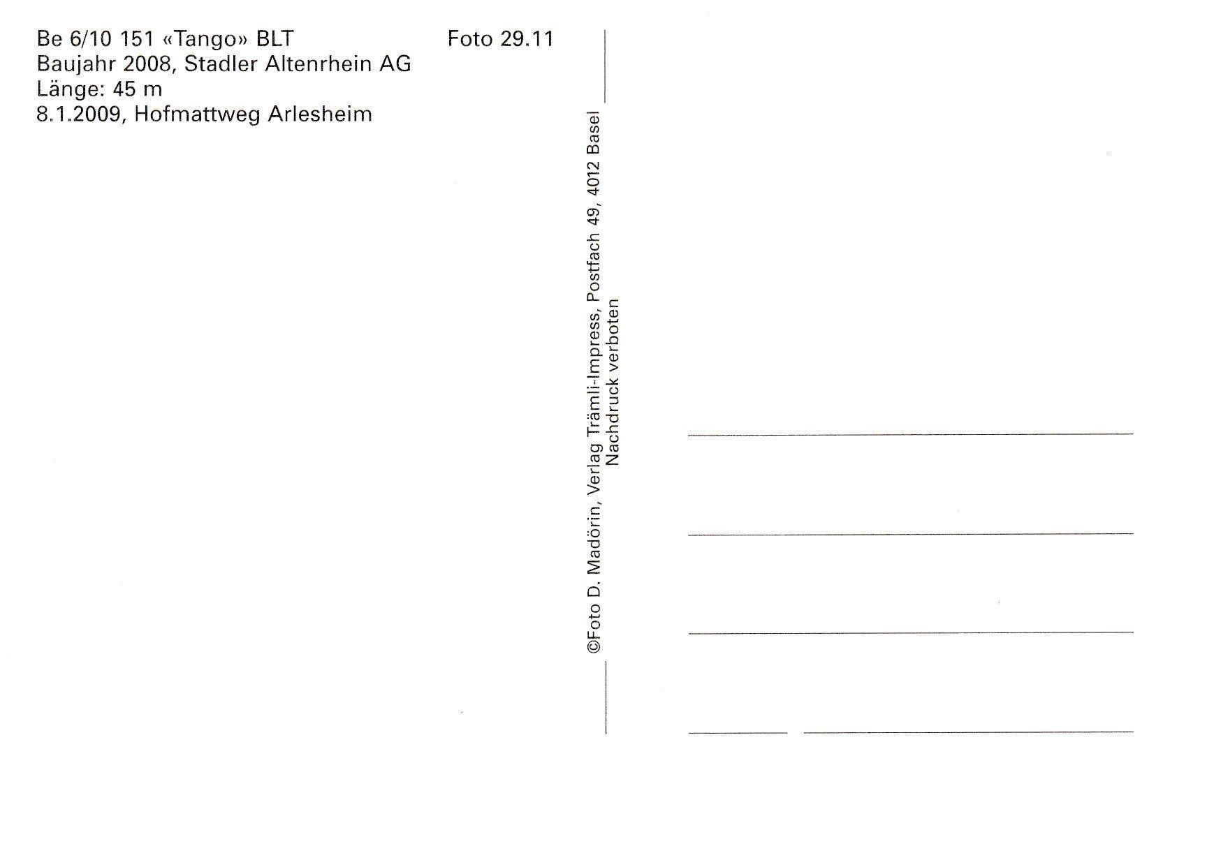 Cartoline postali: Strassenbahn Basel BLT Be 6/10 151 – Nuovo e nell'imballaggio originale da Ettingen venduto da Pantograph163 1