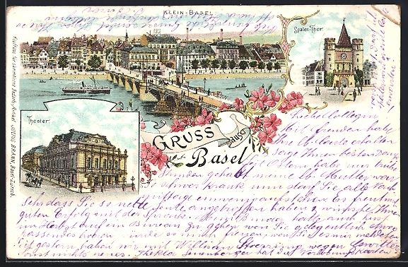 Cartoline postali: Litho Basel, Kleinbasel mit Theater und  – Usato da Berlin venduto da bartko-reher