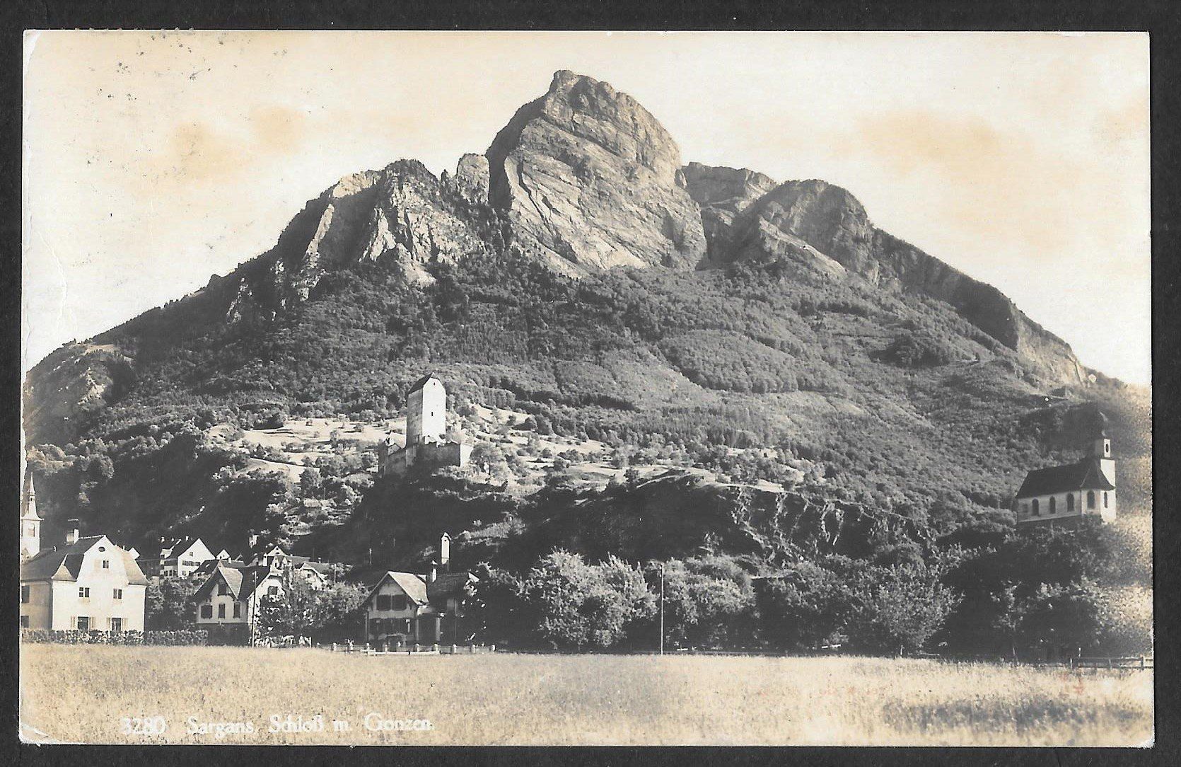Cartoline postali: Sargans Teilansicht mit Schloss und Gonzen – Usato da Olten venduto da clotaldi