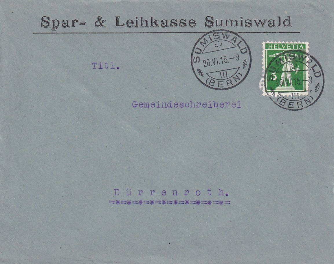 Tutti i francobolli: Spar- und Leihkasse Sumiswald 1915 – Usato da Baar venduto da Asmara111