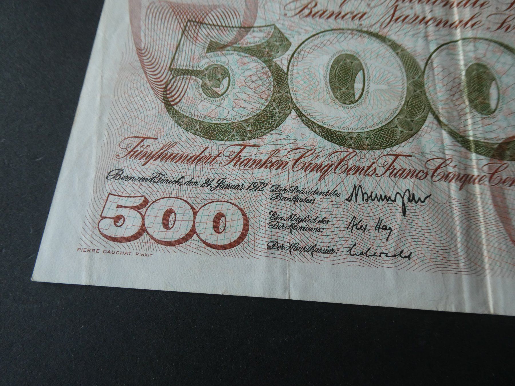 Banconote: Schweiz 1972,  500 Franken – Usato da Hinterforst venduto da Rohusri 1