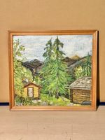 Signed Vintage Framed Oil Painting: Mountain Cabins, Signed