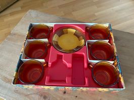Flambierset aus Glas, 6 Tassen und 6 Unterteller, Vintage