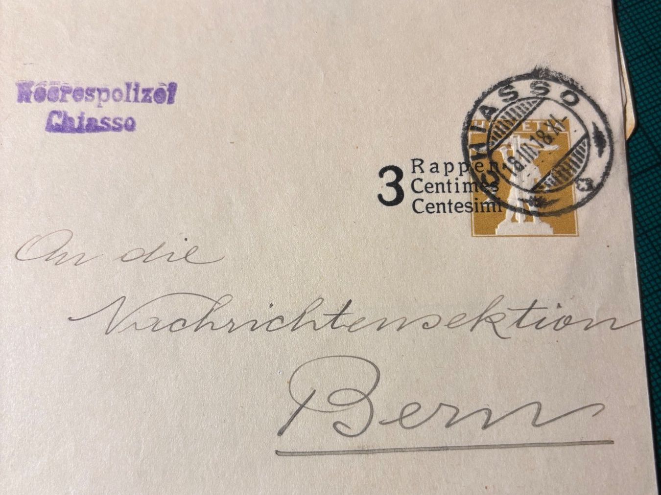 Alle Briefmarken: Streifbnd. CHIASSO  mit Stempel Heerespolizei 1918. – Gebraucht aus Utzenstorf von Rose0303 3
