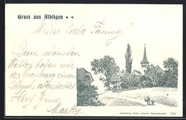 Litho Albligen, Ortspartie und Frau mit 
