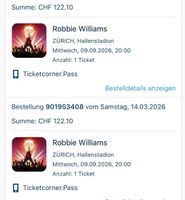 2 Robbie Williams Ticket ZÜRICH Hallenstadion 09.09.2026