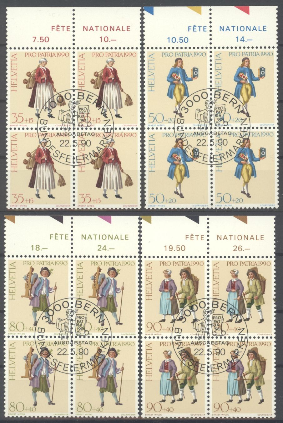 Tutti i francobolli: 1990, Pro Patria, Viererblöcke, ET – Usato da Willisau venduto da Vollstempel