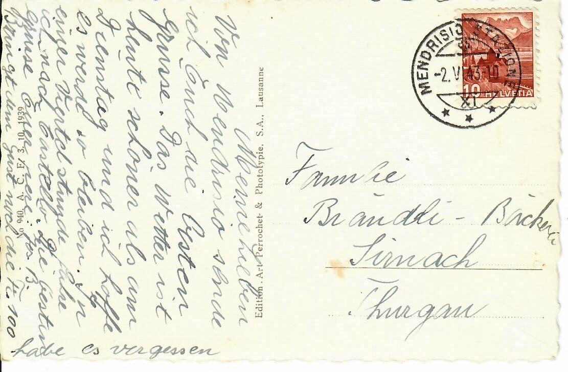 Cartoline postali: Mendrisio - Station  1943 – Usato da Hochdorf venduto da Ziegel-16 1