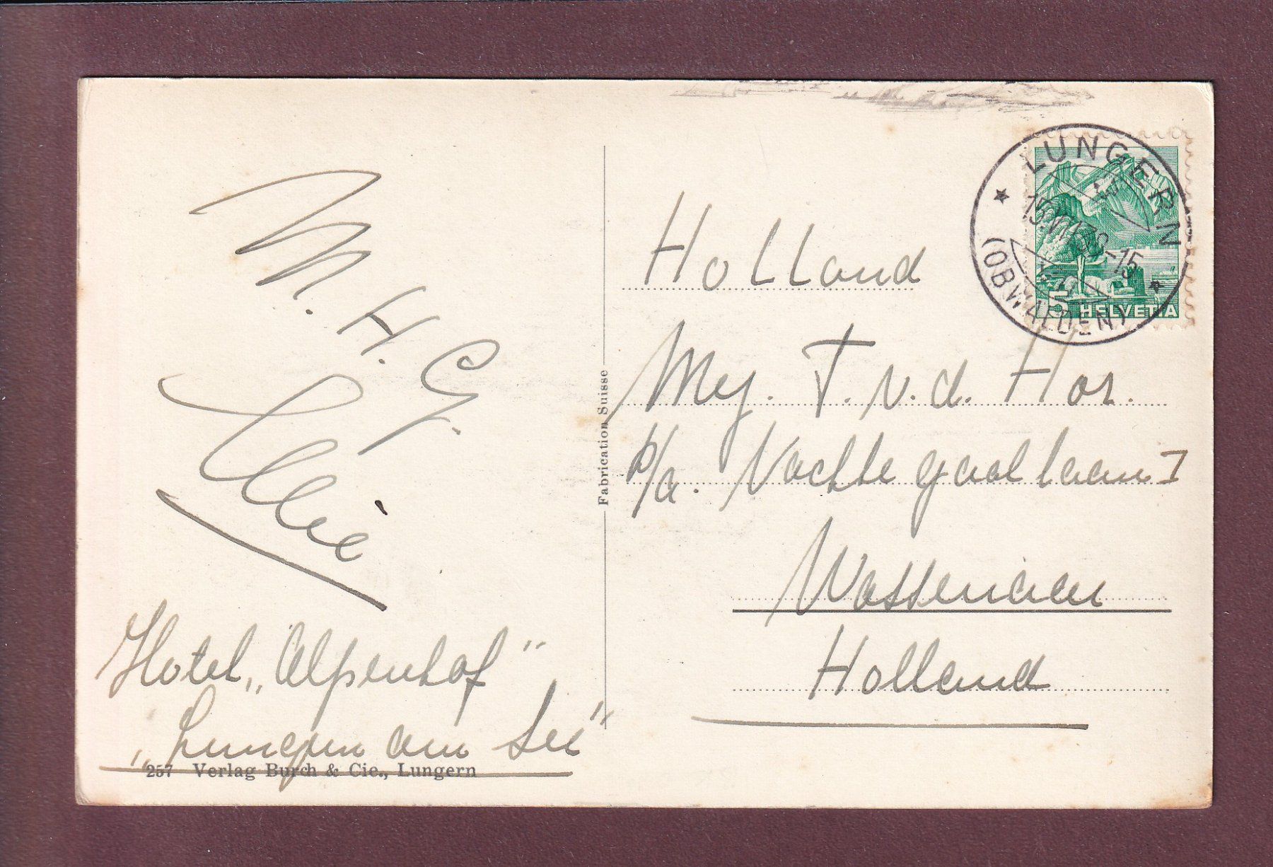 Cartoline postali: Abendstimmung am LUNGERNSEE - 1939 – Usato da Pully venduto da nicecards 1