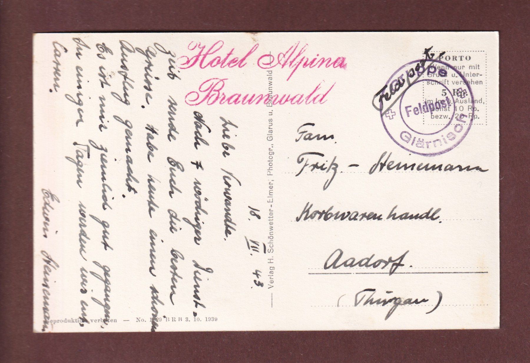 Cartoline postali: BRAUNWALD - 1943 Feldpost – Usato da Pully venduto da nicecards-shop 1
