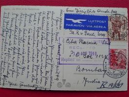 1949: Karte von BASEL nach BOMBAY (INDIEN), sauber.