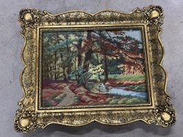 Bild Waldlandschaft mit Bach und Fluss in Goldrahmen 36x26cm