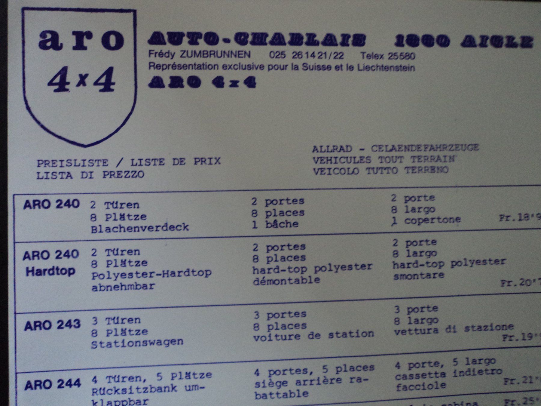 Documenti: Prospekt Preisliste ARO 4x4 1980 – Usato da Schwarzenburg venduto da modelCARama