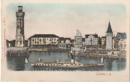 Prägekarte (Relief). Lindau - Hafen mit Dampfschiff
