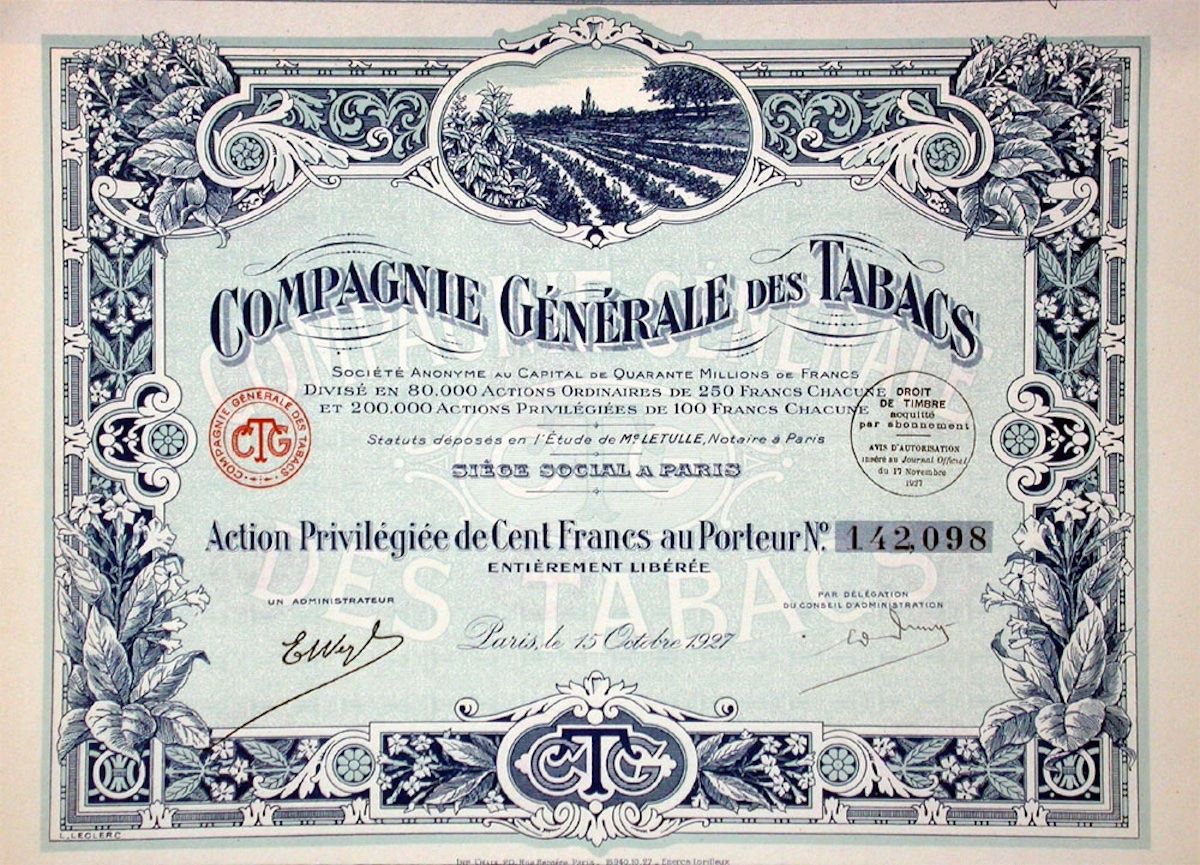 Documenti: Compagnie Générale des Tabacs SA - 1927 – Usato da Solothurn venduto da Sgasche