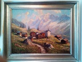 E. Janin – Ölbild Lötschental Dorf auf Leinwand, gerahmt