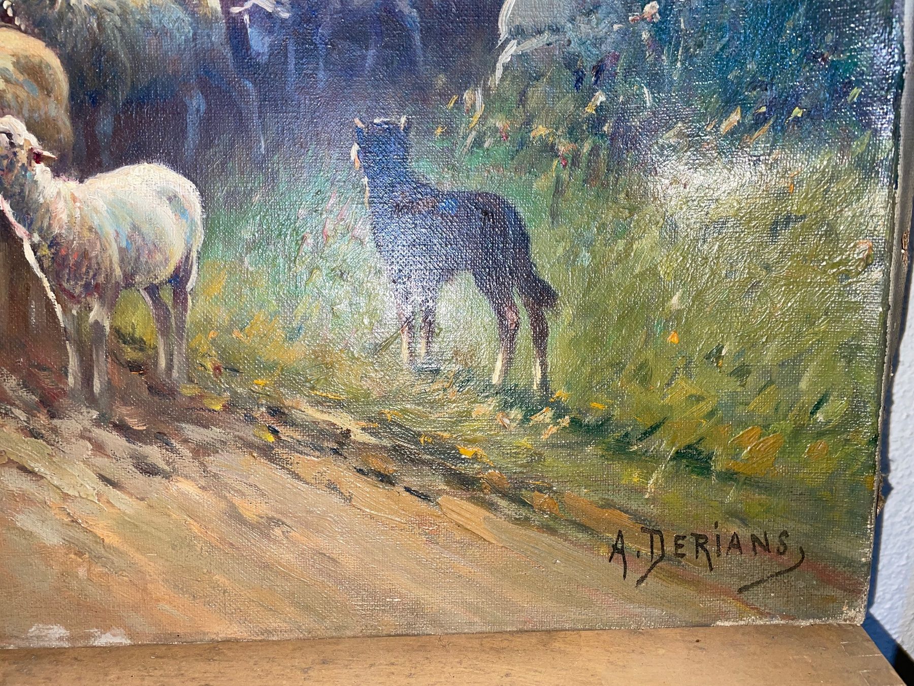 Dipinti: Ölgemälde A.Derians, Landschaft mit Schafen – Usato da Cham venduto da Chramschopf 1