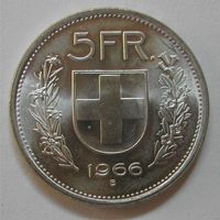 009 CH, 5 FRANKEN 1966 B, ABART, SILBER, unz