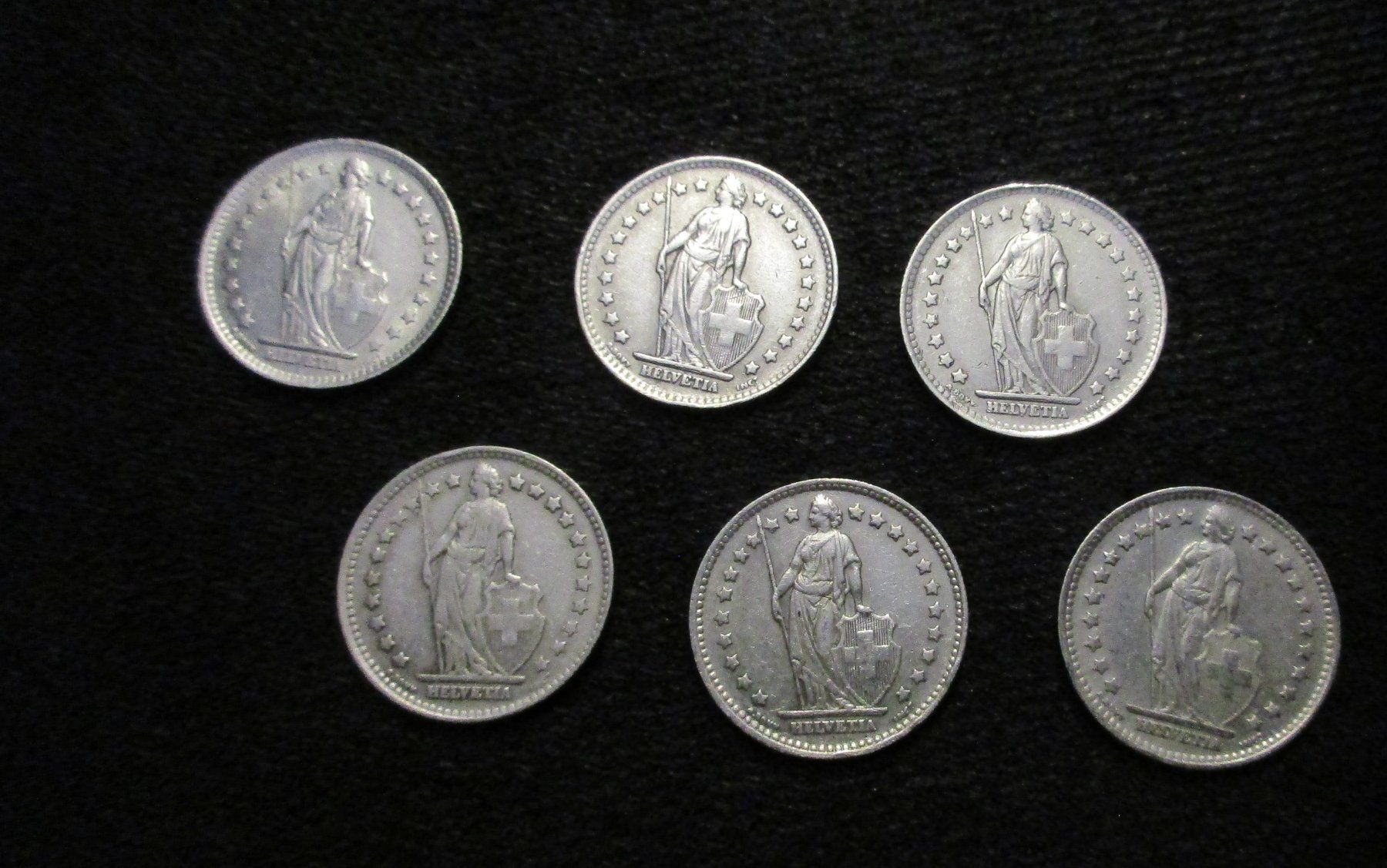 Alle Münzen: 6 Schweizer SILBER Einfränkler von 1945 – Gebraucht aus Schafisheim von reno007 1