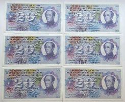 6 sehr schöne Schweizer 20 Franken-Banknoten von 1969 / 1972