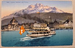 Luzern Bahnhof und Pilatus mit Dampfschiff