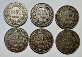 SILBERMÜNZEN SCHWEIZ, 6 STÜCK, Jg. 1914-1939, 2 Franken, (4)