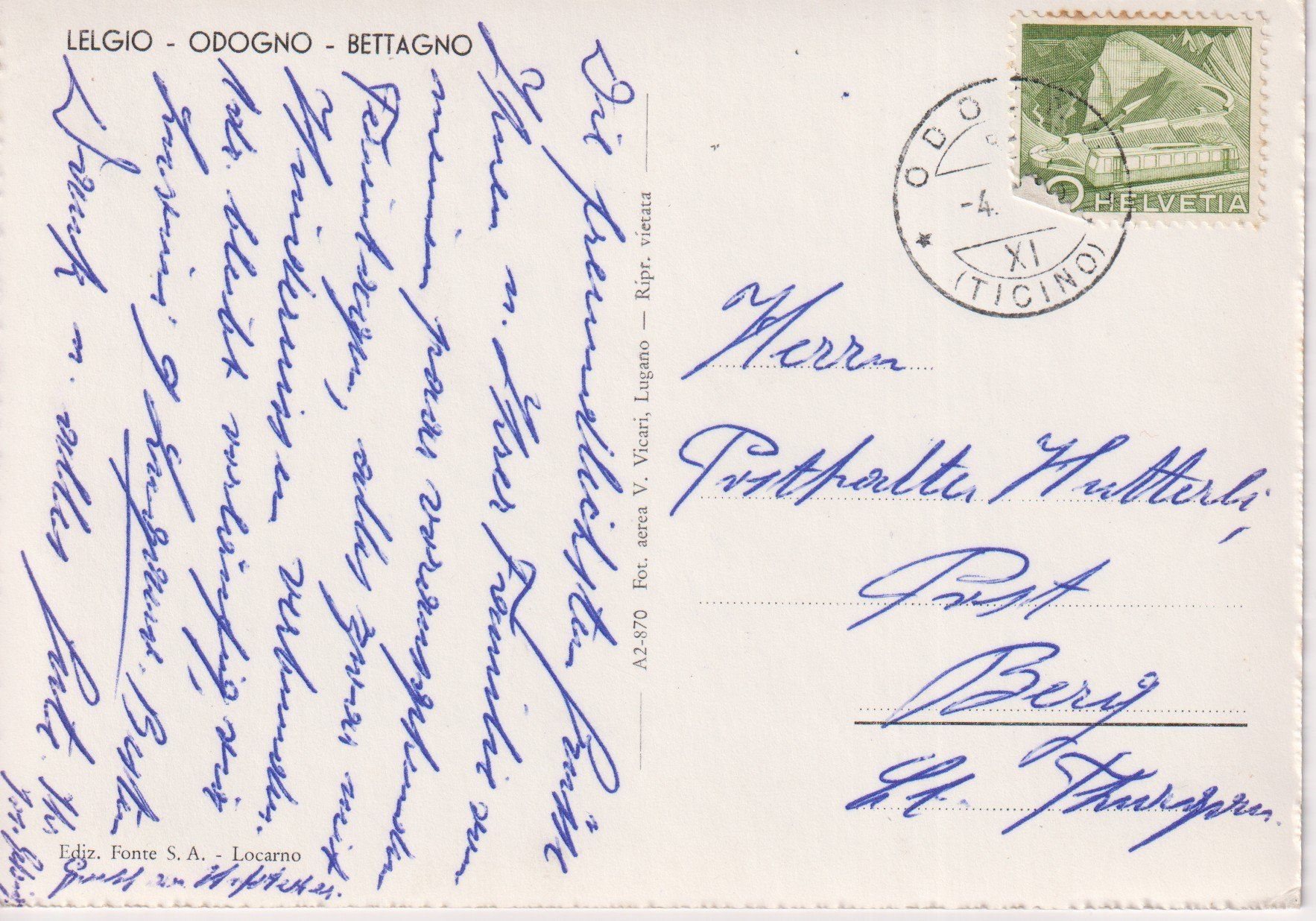 Cartoline postali: AK Lelgio con Odogno e Bettagno 1950 – Usato da Riva San Vitale venduto da MAR-NAPO 1