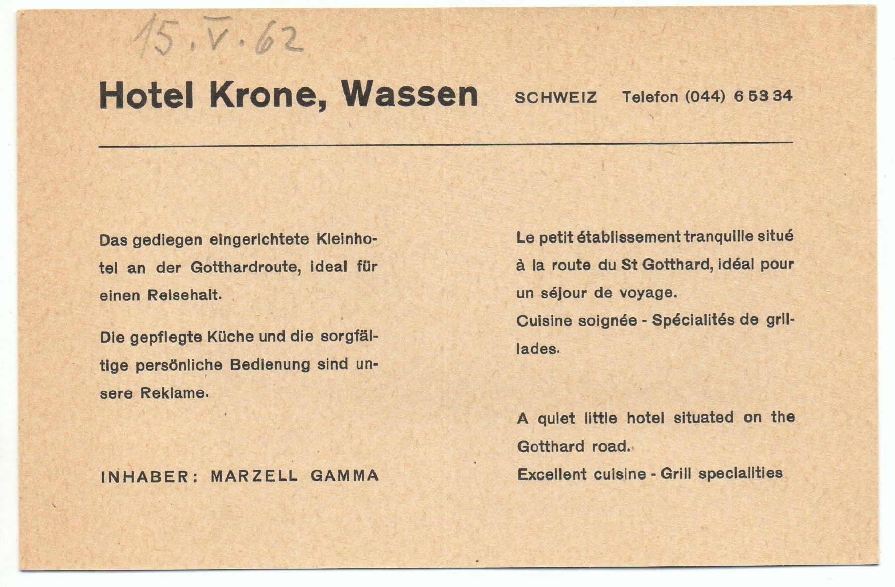 Ansichtskarten: WASSEN Werbung Hotel Krone – Gebraucht aus Jona von philajona 1