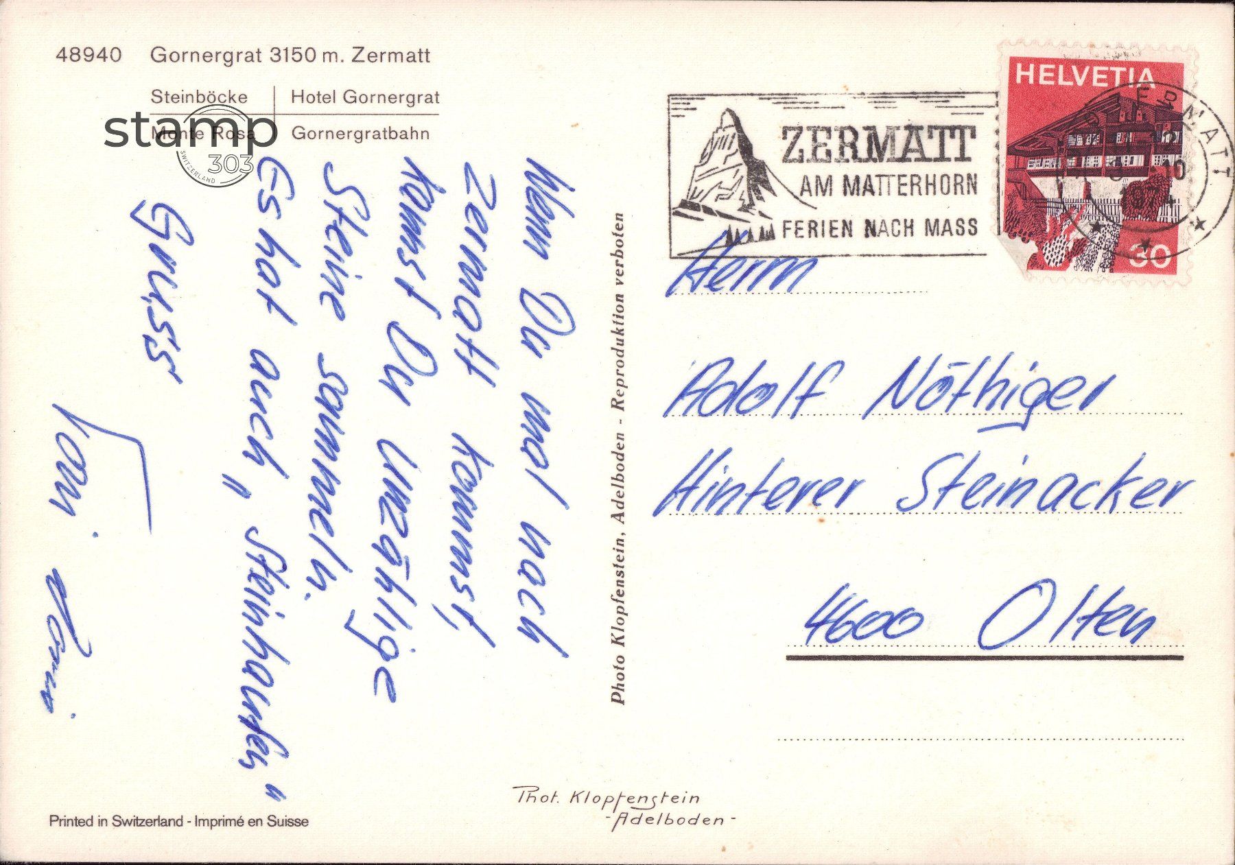 Cartoline postali: 1974 AK Zermatt - Gornergrat - Monte Rosa – Usato da Eggersriet venduto da stamp303 1