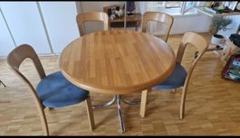 Esstisch rund Holz mit vier Stühlen blau guter Zustand