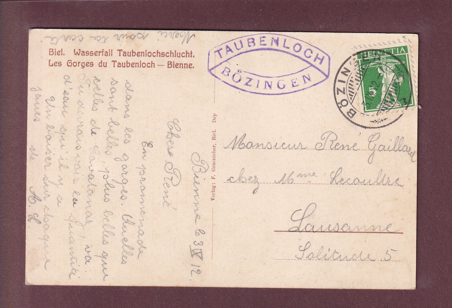 Ansichtskarten: BIEL - Taubenlochschlucht - 1912 – Gebraucht aus Pully von nicecards 1