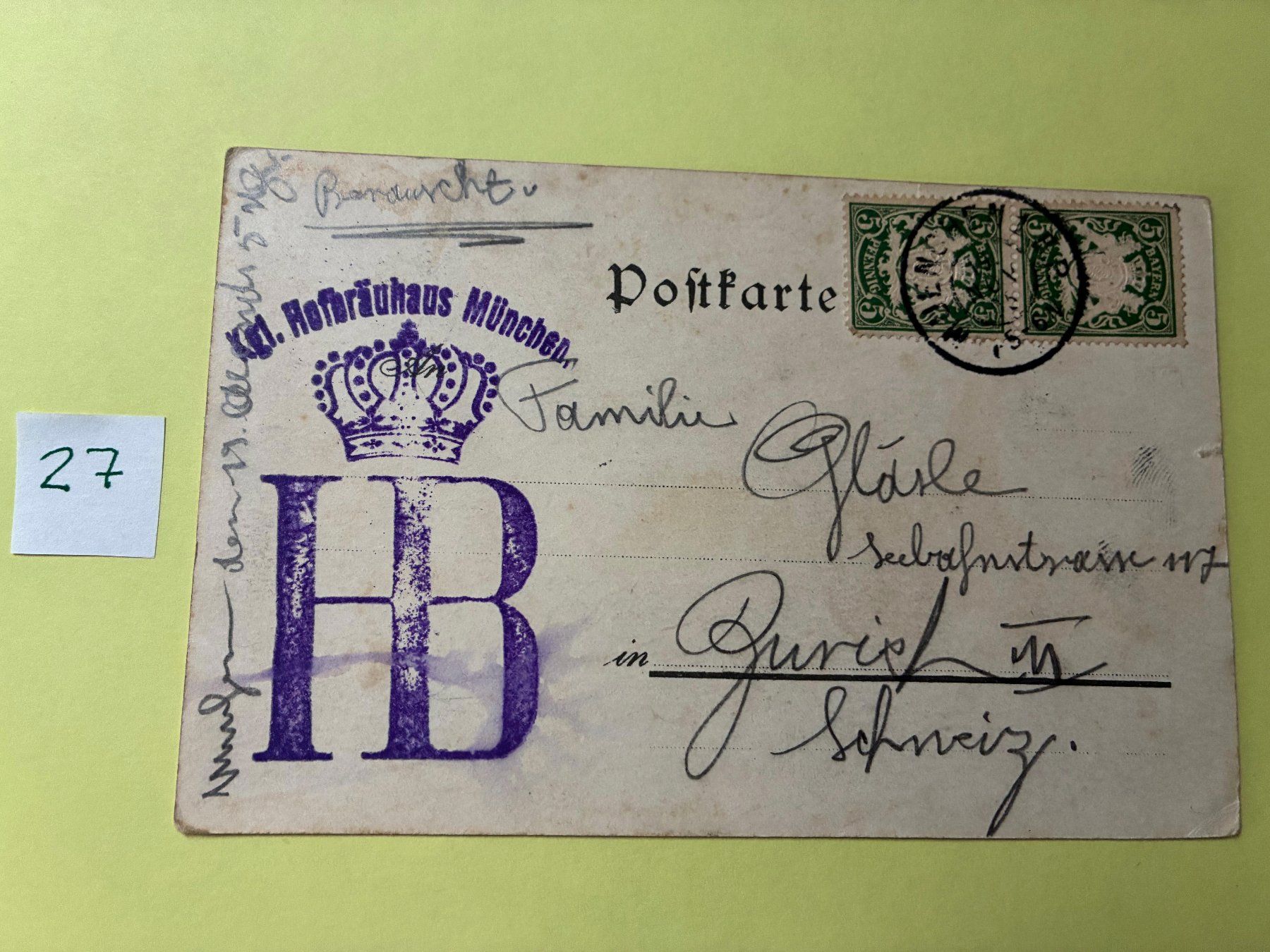 Cartoline postali: Ansichtskarte Hofbräuhaus in München 1908 – Usato da Volketswil venduto da Jdansk 1