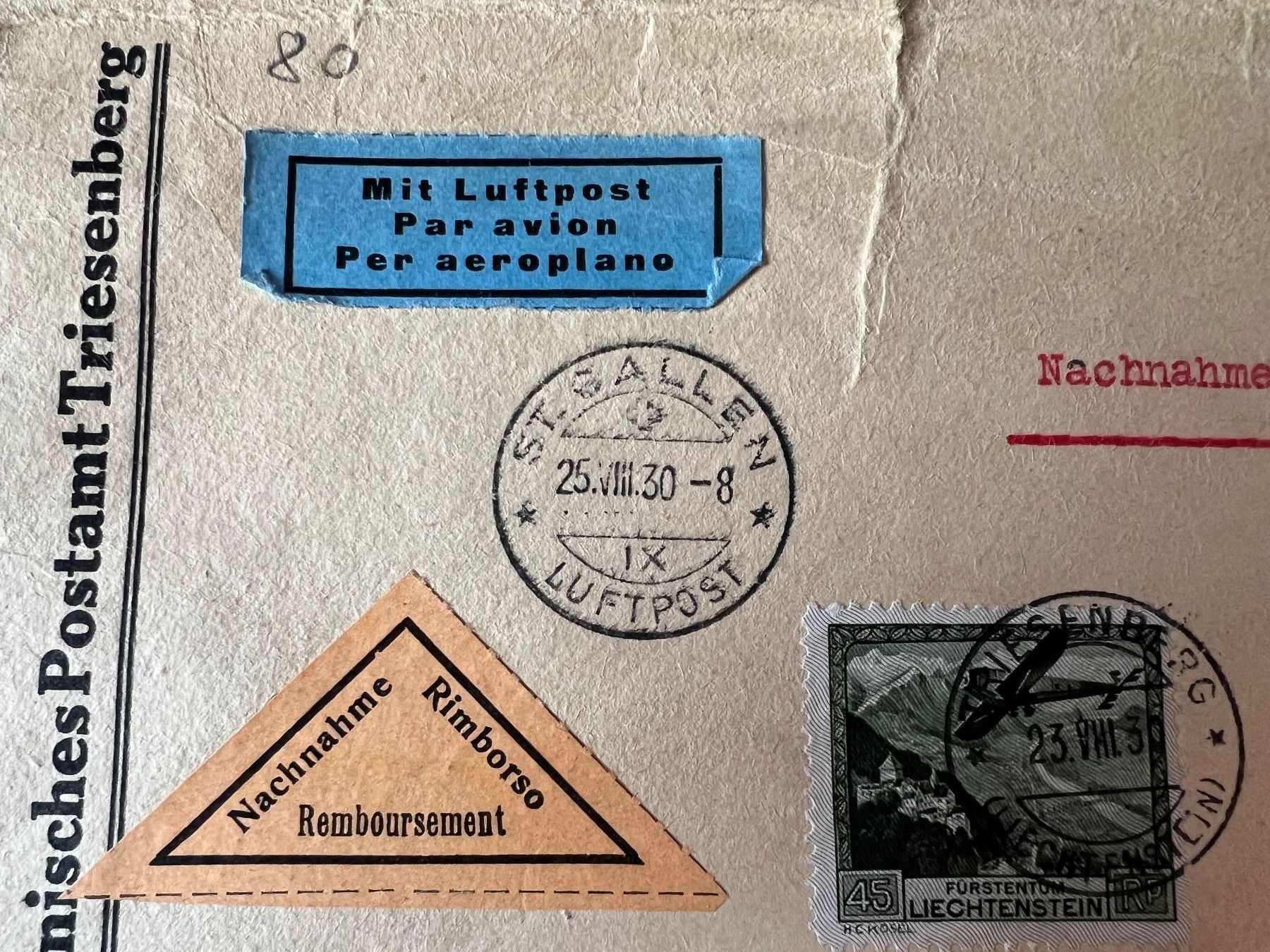 Tutti i francobolli: Luftpost, Brief, 1930, Triesenberg-Schweiz – Usato da Oberhasli venduto da Sicurezza 2