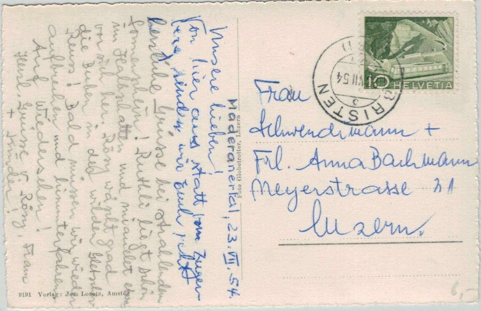 Cartoline postali: UR 5 Bristen Maderanertal 1954 – Usato da Fribourg venduto da philafri 1