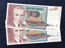 ***UNC 2 x 5000000 Dinara - Belgrad 1993 - Tesla