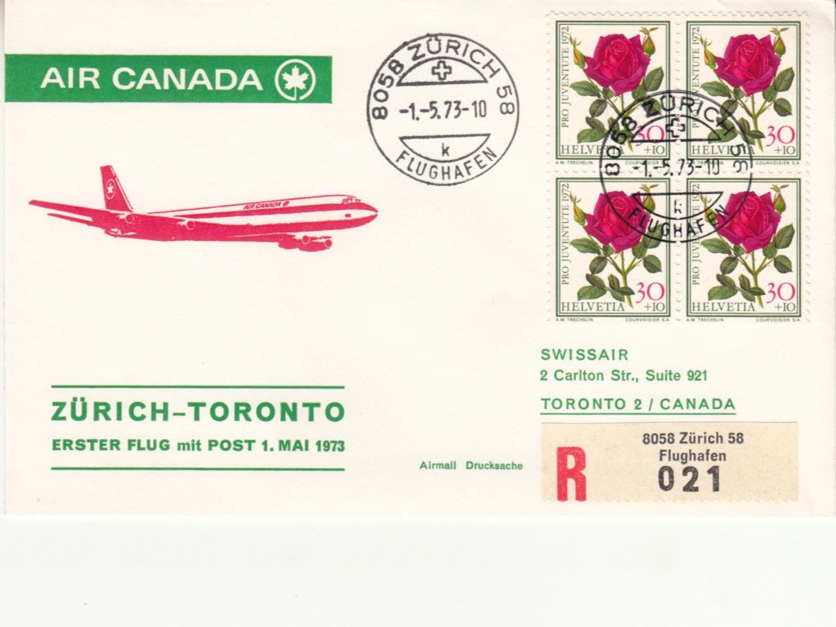 Tutti i francobolli: SLH RF 73.12 a  Zürich-Toronto – Usato da Bürglen TG venduto da StampGraf