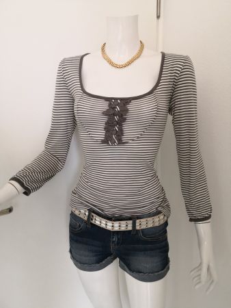 🤩MANGO LANGARM T-SHIRT BEIGE-BRAUN GESTREIFFT MIT KNÖPFE