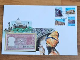Notenbrief Bankfrische 2- Rupien-Banknote aus India