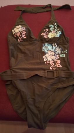 Damen Badeanzug, Khaki mit Blumenmuster, Grösse 38 neuwertig