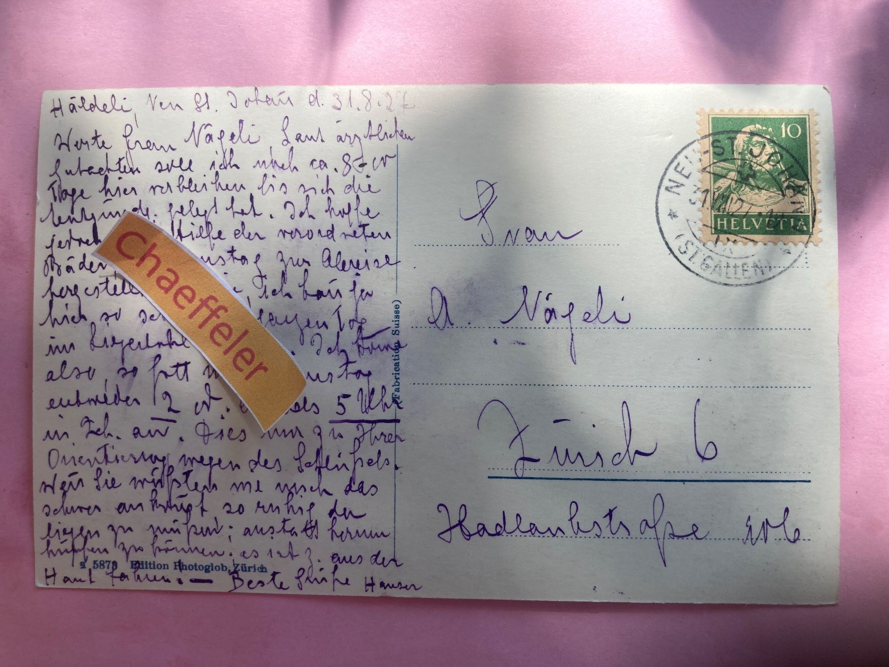 Cartoline postali: 1921 Nesslau-Neu St. Johann – Usato da Zürich venduto da Chaeffeler 1