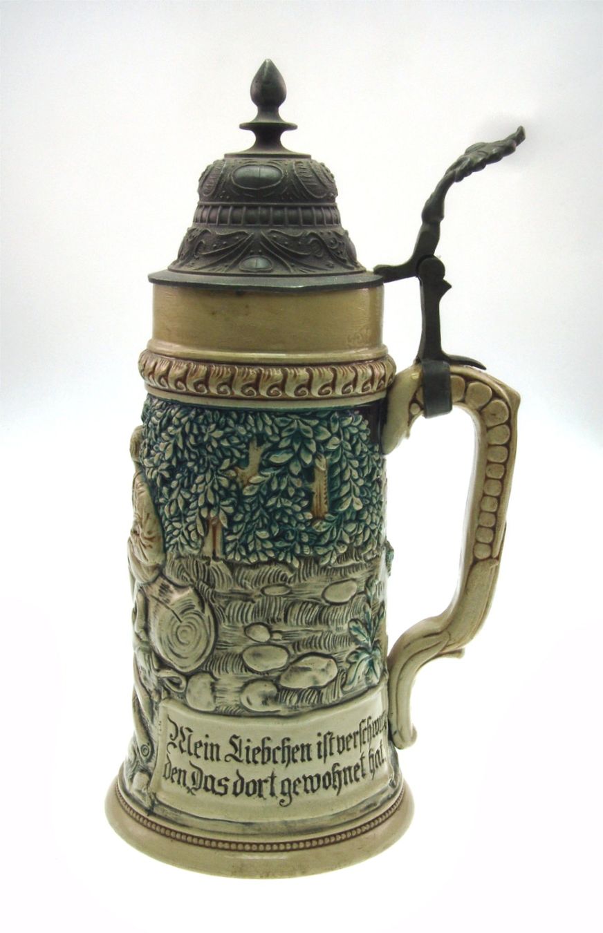 Bicchieri: Alter Bierkrug Zinndeckel mit Trinkspruch – Usato da Langenthal venduto da Antik_Huesli 3
